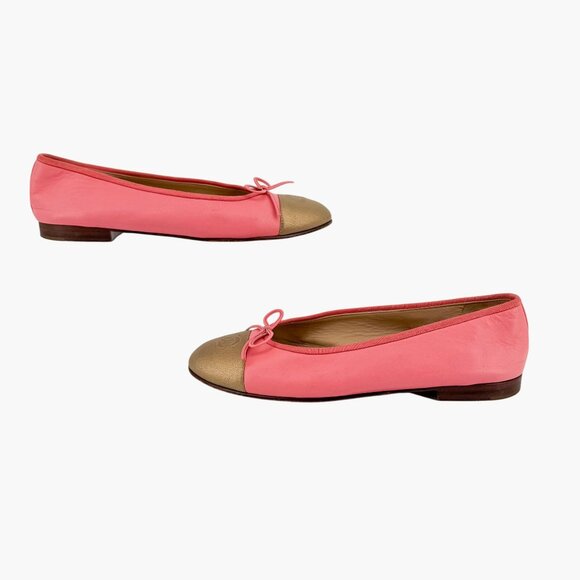 Chanel CC Pink Gold Leather Cap Toe Ballet Flats Shoes Size 39 US 8-8.5 Women's - Picture 7 of 16
